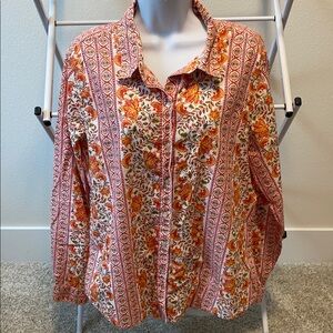 Lucky Brand Red and Orange Floral Button Down Shirt Large